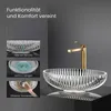 A clear glass vessel sink with a gold faucet, presented with feature callouts. Podgląd zdjęcia produktu