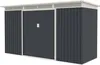A dark gray metal garden shed with a white roof and trim, shown from the front. Produktbild-Vorschau
