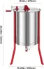 A stainless steel honey extractor with a red frame and handle, shown from the front with dimensions indicated. Anteprima dell’immagine prodotto