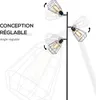 A floor lamp with three adjustable cage-style lampshades is shown against a white background, with text highlighting its adjustable design. Produktbild-Vorschau