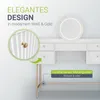 A white and gold dressing table with a round LED mirror and drawers, presented with marketing text and close-up details. Náhľad obrázku produktu