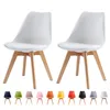 Two white chairs with wooden legs are displayed against a white background, with a row of smaller chairs in various colors shown below.