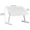 A white laptop bed table with adjustable legs and dimensions indicated by text overlays. Produktbild-Vorschau