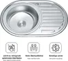 A stainless steel kitchen sink with a drainboard, shown from a top-down perspective. Below the sink are three icons with accompanying German and English text describing features. Produktbild-Vorschau