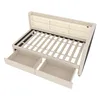 A top-down view of a beige upholstered bed frame with wooden slats and two open drawers underneath. Produktbild-Vorschau