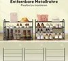 A collage showing two shoe racks with shoes and accessories on them, and below are diagrams of the shoe racks' construction. There are also measurement indicators on the shoe racks. Produktbild-Vorschau