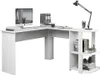 A white L-shaped desk with a computer, lamp, and books. Produktbild-Vorschau