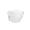 A white wall-mounted toilet with a bidet function and a chrome faucet. Produktbild-Vorschau