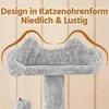Close-up of a grey cat tree with cat ear-shaped platform and a dangling toy. Produktbild-Vorschau