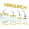 Four glass jars of different sizes with gold lids, arranged from largest to smallest, with arrows pointing to each and text indicating their capacity. Voir les images du produit