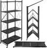 A black folding shelf unit is shown in three different configurations: fully assembled and upright, partially folded, and fully folded flat. The shelf unit has five tiers with perforated surfaces and is on wheels. Voir les images du produit