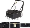 A black makeup travel bag with a clear lid, shown open with internal compartments and a mirror. Dimensions are indicated. Anteprima dell’immagine prodotto