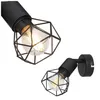 A collage of two images showing a black industrial-style spotlight with a geometric cage around the bulb. One image is a close-up of the spotlight head, and the other shows the spotlight mounted on a wall. Náhľad obrázku produktu