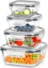 A stack of four glass food storage containers filled with different foods. Produktbild-Vorschau