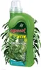 A green bottle of liquid fertilizer with a label showing plant leaves, surrounded by green leaves. Produktbild-Vorschau