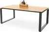 A rectangular dining table with a light wood-look top and black metal legs, set against a white background. A small wooden crate with two candles and decorative greenery sits on the table. Náhled obrázku produktu