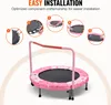 An instructional graphic showing the steps to assemble a small trampoline, with the assembled trampoline shown below. Produktbild-Vorschau
