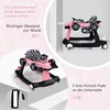 A pink baby walker with a checkered seat, shown from different angles and with informational text overlays. Náhled obrázku produktu