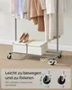 A clothing rack with clothes and storage boxes, featuring a close-up of the wheels and text highlighting features. Produktbild-Vorschau