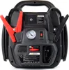 Close-up view of the top and front of a black car jump starter with red jumper cable clamps. Podgląd zdjęcia produktu