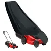 A black lawnmower cover is draped over a red lawnmower, with a smaller, uncovered red lawnmower shown to the left. Produktbild-Vorschau