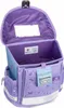 An open purple and blue butterfly-themed school backpack. Produktbild-Vorschau