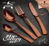A set of rose gold cutlery is displayed on a dark, textured surface, with marketing text and branding elements. Produktbild-Vorschau