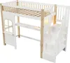 A white loft bed with wooden accents and stairs, set against a white background. Produktbild-Vorschau