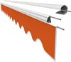 A close-up, angled view of an orange awning fabric with a scalloped edge, attached to a white roller mechanism. Produktbild-Vorschau