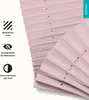 Close-up view of a pink pleated blind with feature icons and text on the left. Produktbild-Vorschau