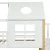 Close-up view of a white and natural wood children's bunk bed with a house-like design, featuring a window and a roof. Anteprima dell’immagine prodotto