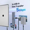 A laptop and a USB hub are shown connected, with images of screens and a hard drive in the background, illustrating data transfer capabilities. Produktbild-Vorschau