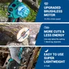 Collage of images showing a cordless chainsaw and its features. Náhľad obrázku produktu