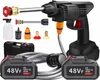 A cordless pressure washer kit with accessories and batteries, laid out on a white background. Podgląd zdjęcia produktu