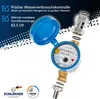 A water meter with its protective cap open, surrounded by connection pieces and informational text. Produktbild-Vorschau