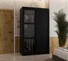 A bedroom scene with a black wardrobe, a wooden door, and a plant. Produktbild-Vorschau