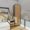A bedroom scene with a wardrobe and a bed, decorated with a mountain and cloud mural. Náhled obrázku produktu