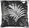 A close-up view of a pillow with a tropical leaf pattern. Produktbild-Vorschau