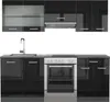 A modern, high-gloss black kitchen unit with a sink, faucet, and oven. Produktbild-Vorschau