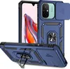 A blue phone case with a sliding camera cover and a ring holder is displayed from multiple angles against a white background. Produktbild-Vorschau