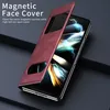 A red flip case for a Samsung Galaxy Z Fold 2 is shown partially open, revealing the phone screen with a dynamic, electric-themed wallpaper. Produktbild-Vorschau