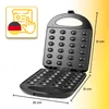 A black waffle maker with multiple indentations for making small waffles or cookies, shown open with dimensions indicated. Voir les images du produit