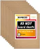 A stack of A5 MDF board sheets with a marketing label on the top sheet. Produktbild-Vorschau