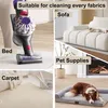 A collage of images showing a vacuum cleaner attachment being used on different surfaces like a bed, sofa, and carpet, along with a dog on a pet bed. Produktbild-Vorschau