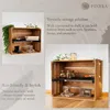 Two images of a wooden crate shelf unit, one showing it mounted on a wall with decorative items, and the other showing it on the floor with various decorative items. Text describes its features and benefits. Podgląd zdjęcia produktu