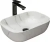 A white oval countertop sink with a marble pattern and a black faucet. Anteprima dell’immagine prodotto