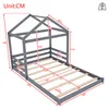 A diagram showing the dimensions of a grey wooden house-shaped bed frame. Produktbild-Vorschau