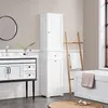 A clean and organized bathroom scene featuring a white tall cabinet, a vanity with a sink, and a bathtub. Produktbild-Vorschau