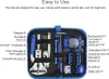 A flat lay of a watch repair tool kit laid out inside its case, with labels pointing to each tool. Náhled obrázku produktu
