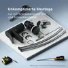 A collection of bathroom faucet parts and tools laid out on a marble surface, with text overlay. Produktbild-Vorschau